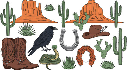 Set of Western Desert Elements Including Cowboy Boots, Hat, Cactus, Snake, Crow, and Horseshoe for Wild West Design, Rustic Theme, and Vintage Illustration © Rumi