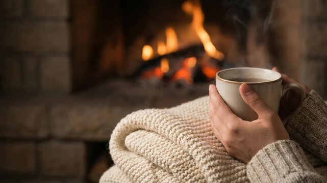 Cozy cafe winter mood with warm drink coffee mug by fireplace, steam near hearth fire, hand knit blanket, warm light relaxing comfort
