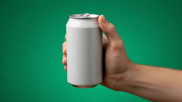 Hand holding a white soda can on a green background
