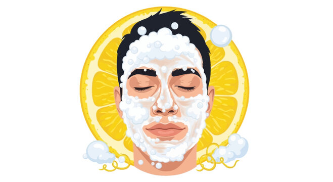 Man with closed eyes applying white facial mask with lemon slice background and bubbles