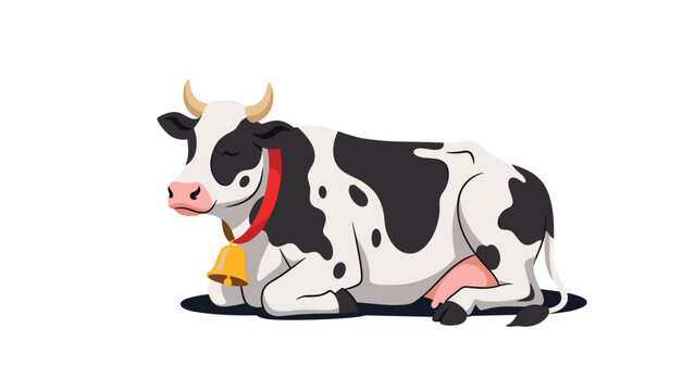 Contented black and white cow with a gold bell around its neck rests peacefully on the ground in this simple and clean farm illustration.