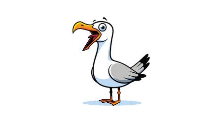 Fototapeta premium Cartoon seagull with an open beak squawks loudly while standing on a blue surface against a plain white background in a funny bird pose.
