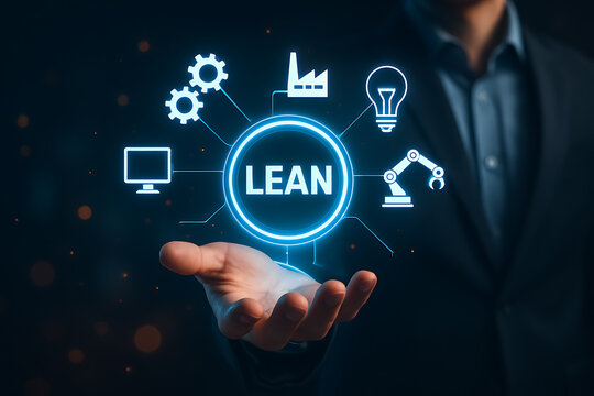 Factory automation concept with digital lean management interface representing productivity workflow manufacturing efficiency and industrial business optimization