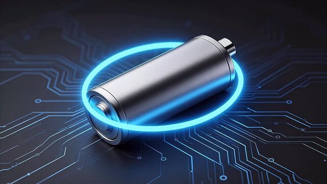 Battery with glowing blue circle on circuit board