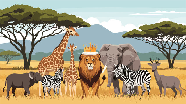 Diverse group of african savanna animals including a lion king, elephant, zebra, and giraffes standing in their natural habitat.