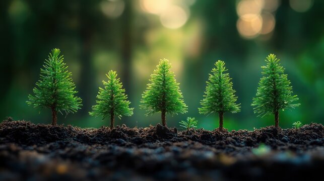 Five young pine saplings and a tiny sprout in soil with warm backlit forest bokeh, evoking growth, hope, and renewal