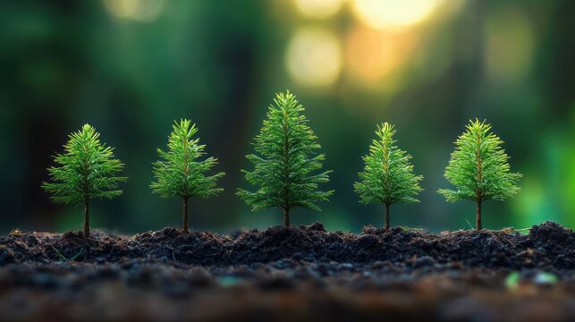 five small evergreen saplings planted in rich soil with soft sunrise bokeh, symbolizing growth and hopeful renewal