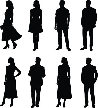 Collection of male and female silhouettes in elegant and casual standing poses isolated on white background for fashion and lifestyle design
