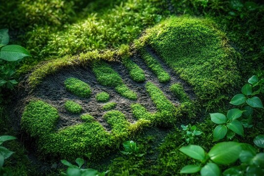 Mysterious tread-shaped footprint in thick green moss on forest floor surrounded by small leafy plants, evoking discovery and wonder