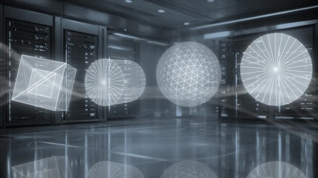 white color floating 3d objects with server racks data flow traffic on servers hi tech design loopable black technology 3D background
