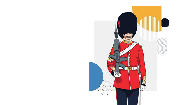 British royal guard in a traditional red uniform and bearskin hat holding a rifle against a modern geometric and artistic background.