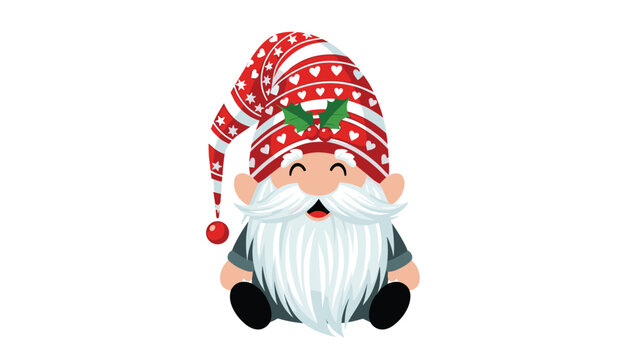 Adorable Christmas gnome wearing a red patterned hat with white hearts and a long bushy white beard sitting on a white background.