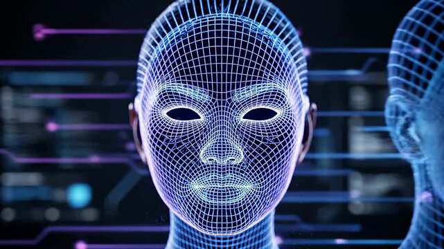 A futuristic digital illustration of a human face composed of small dots and lines