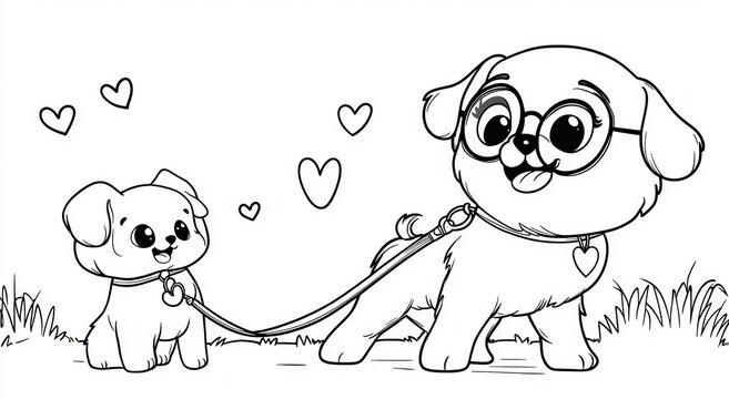 Two playful puppies with big eyes and heart tags, one wearing round glasses and tongue out, connected by a leash among floating hearts and grass in a joyful affectionate scene
