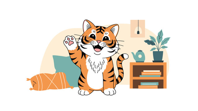 Cute tiger cat character is waving its paw in a cozy living room setting with a plant, teapot, and pillows, creating a warm atmosphere.