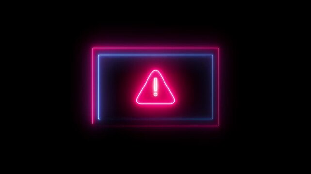 Bright pink triangular warning sign with an exclamation mark inside a blue neon rectangular frame on a dark black background symbolizing alerts and caution