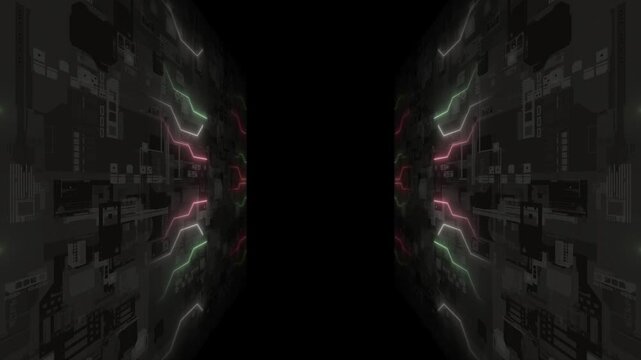 colourful neon flashing lines sci fi tunnel with computer motherboard  blank space hi tech design black technology 3D background