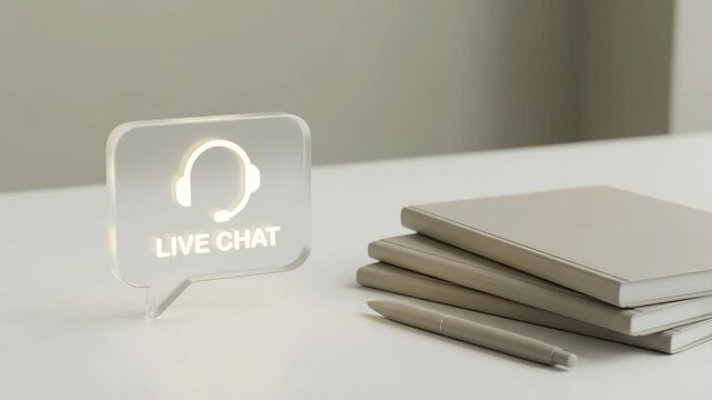 Live chat customer support glowing headset icon on desk with notebook and pen, online help service communication assistance minimal concept background