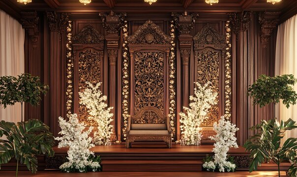 Javanese Cultural Reception Backdrop: Authentic Carved Wood Panel with Decorative White Blossoms