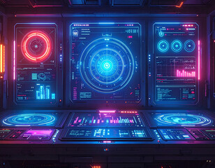 Obraz premium Futuristic digital control center with glowing neon interface.