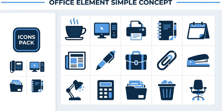Editable office element icon set, flat vector illustration isolated on white with copy space for workplace branding