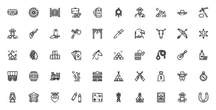 Wild West icon set. Vector illustration pack featuring cowboy, sheriff, desert, saloon, horse, gun, skull, gold, and more. Editable stroke line icons.