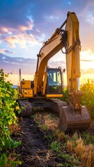 Obraz premium Yellow excavator sits in a field under a dramatic sunset, with grapevines visible