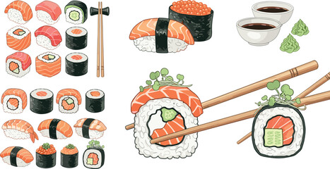 Sushi and rolls collection with salmon nigiri maki chopsticks and soy sauce Japanese food vector illustration set isolated © EdGe Creative