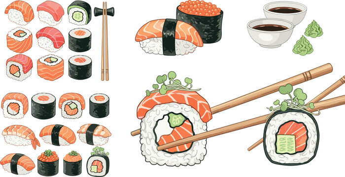 Sushi and rolls collection with salmon nigiri maki chopsticks and soy sauce Japanese food vector illustration set isolated