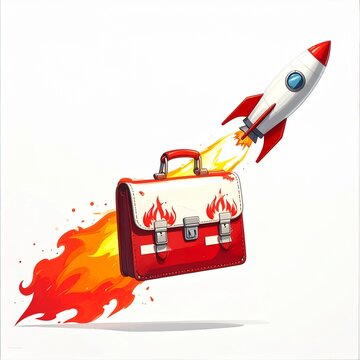 3d illustration of fiery rocket launching from school backpack with flames