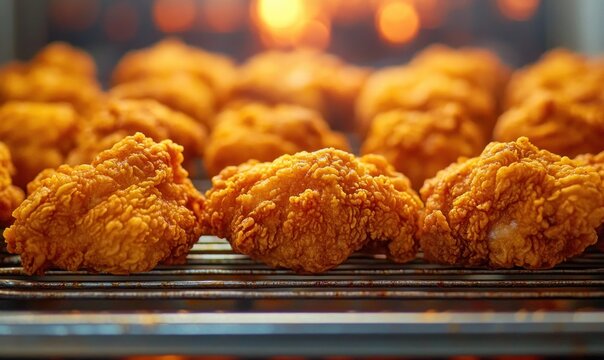 close-up of golden crispy fried chicken pieces on a wire rack with warm glowing background, appetizing and comforting