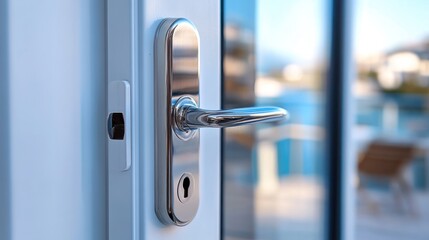 Fototapeta premium Modern door handle, overlooking pool area. Potential stock photo use