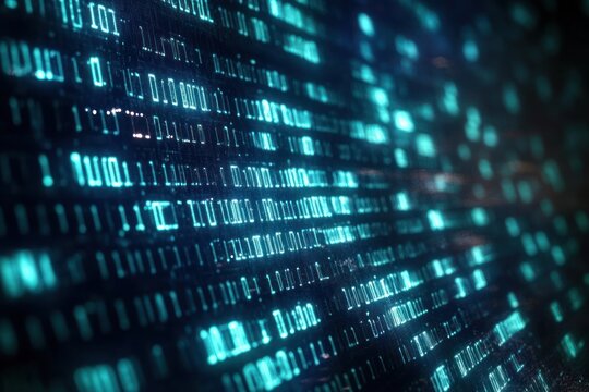 glowing teal binary digits streaming across a dark digital screen, futuristic and mysterious