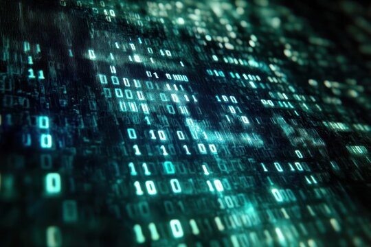 Glowing teal binary digits flowing across a dark digital surface, immersive futuristic data stream evoking mystery and motion