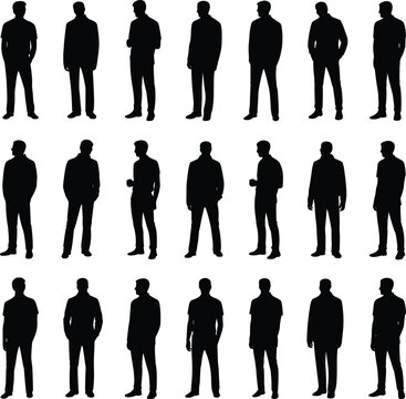 Large collection of male silhouettes in casual and formal standing poses isolated on white background for design and professional concepts