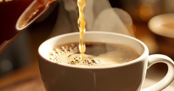 Freshly brewed coffee being poured into a steaming cup with a cozy background ambiance