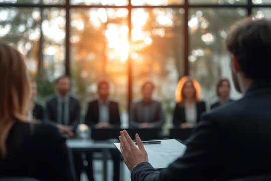 Two interviewers presenting to a panel of suited professionals in a sunlit office, hand gesturing over a clipboard, formal and tense evaluation atmosphere