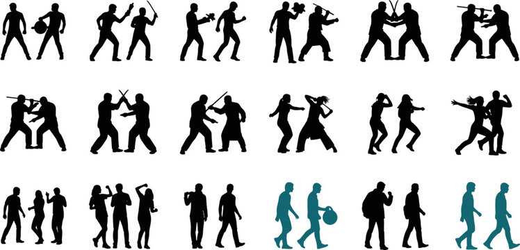 People fighting and conflict silhouettes set with aggressive poses and social situations, human interaction illustration isolated on white background