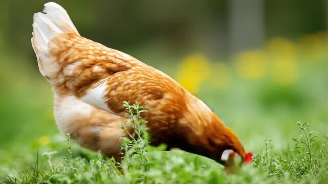 Brown hen foraging in lush green grass natural farm animal in a field rural agriculture and organic food concept
