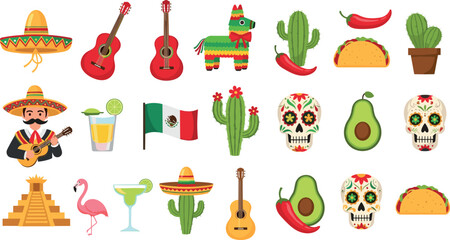 Mexican culture symbols collection with sombrero guitar cactus skull and food icons, colorful traditional elements illustration isolated on white background © EdGe Creative