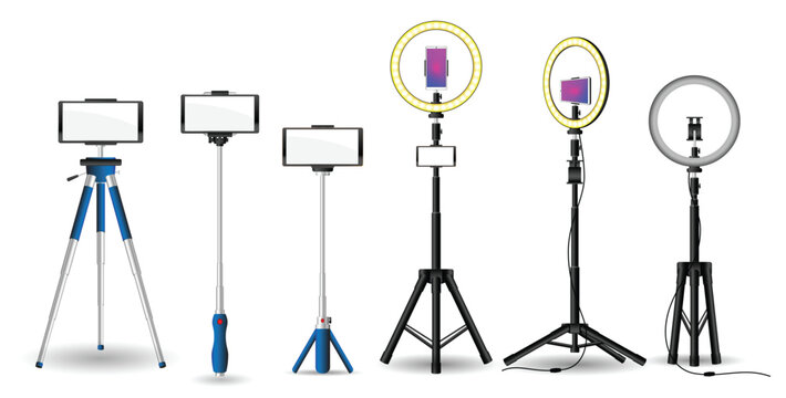 Smartphone Tripod Selfie Stick and Ring Light Mockup Set for Content Creation.  Set of smartphone holders, selfie sticks, tripod stands, and ring light accessories shown in multiple styles and layouts