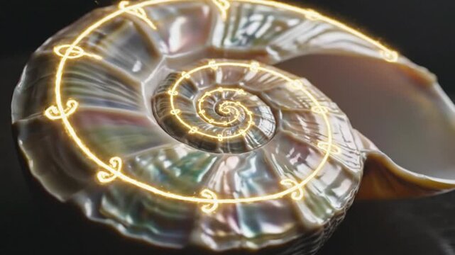 Nautilus Shell Spiral Macro, Golden Fibonacci Sequence, Natural Geometry, Ocean Life Close-up