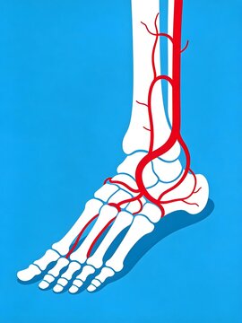 Anatomical illustration of foot bones and blood vessels