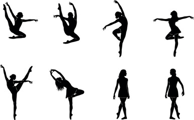 Collection of female dancer silhouettes in various ballet poses and movements elegant black figures isolated on white background © EdGe Creative