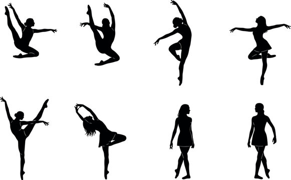 Collection of female dancer silhouettes in various ballet poses and movements elegant black figures isolated on white background