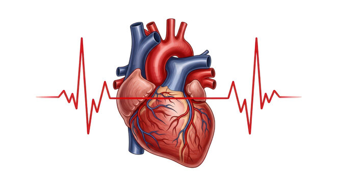 Anatomical illustration of a human heart with electrical impulses isolated on transparent background