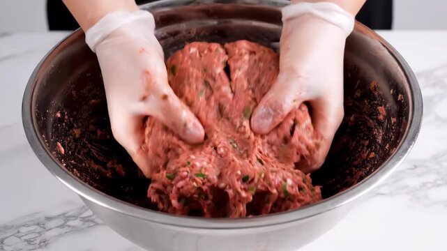 Food tech alternative proteins meat mixture bowl glove kneading minced meat with herb for patty prep in clean kitchen stainless steel mixing bowl