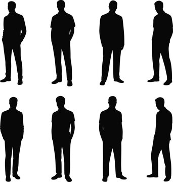Set of male silhouettes in various standing poses isolated on white background for graphic design, branding, and lifestyle projects
