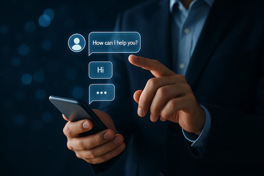 Mobile assistant chatbot holographic interface with businessman hand typing messages on smartphone representing digital customer communication