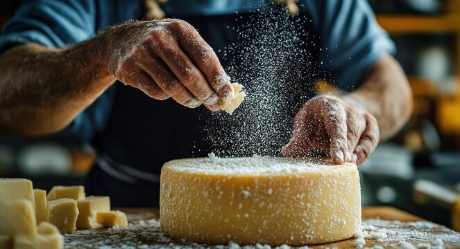 hands sprinkling grated hard cheese over a whole cheese wheel on a wooden board, artisanal focused food preparation and satisfaction
